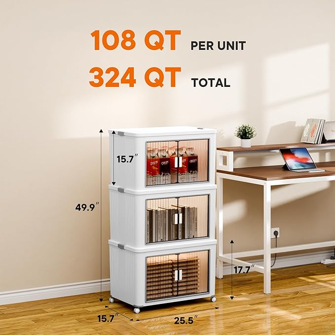3 Tier 324 Qt Storage Bins with Lids - Stackable Storage Bins, Large Plastic Storage Boxes for Toy, Closet, Open Front Storage Bin with Wheels Suitable for Garage, Bedroom, Living Room, Camping