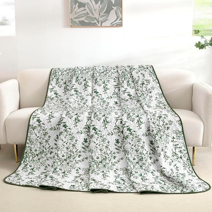 WONGS BEDDING Quilt Queen Size, Green Quilt Bedding Set with 2 Pillowcases, Botanical Quilts for Queen Bed, Soft Microfiber Lightweight Coverlet Bedspread for All Season (96"×90", 3 Pieces)