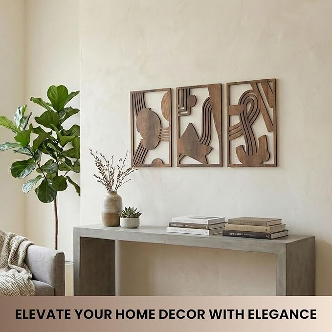qmmp Modern Wooden Wall Sculptures - Set of 3 - Home Decor Accent - Large Wall Art for Living Room, Bedroom, Office - Easy Installation (Walnut, Medium - Abstract Shapes)
