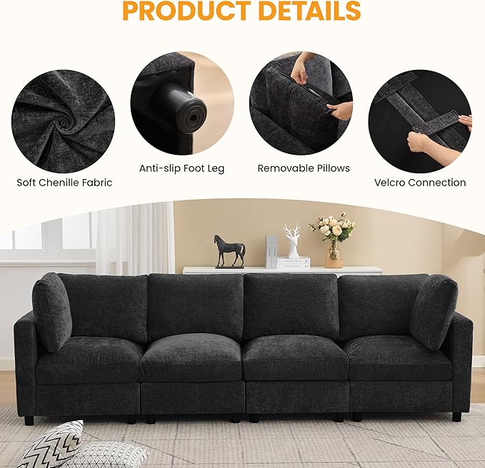 116'' 4-Seater Modular Sectional Cloud Sofa, Straight-Line Couches for Living Room, Modern Upholstered Deep Seat Sofa, Chenille Dark Grey