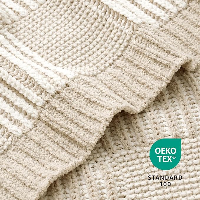 Amélie Home Checkered Knit Throw Blanket for Couch, Chenille Texture Decorative Soft Blanket for Sofa & Chair, 50"x60", Khaki & White