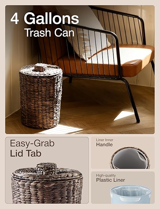 4 Gallons Wicker Waste Basket - Water Hyacinth Bathroom Trash Can - Garbage Can with Lid Boho Style - Wicker Trash Can with Lid for Bedroom, Kitchen - Removable Liner (Black Color)
