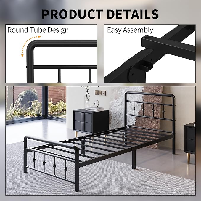 12 Inch Twin XL Bed Frames with Victorian Vintage Headboard and Footboard, No Box Spring Needed, Heavy Duty Metal Mattress Foundation, Noise Free, Easy Assembly, Black