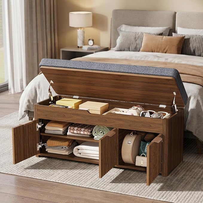 Shoe Bench with Storage - Lift Top Entryway Bench with Hidden Storage, Shoe Rack with Adjustable Shelves and Cushioned Seat, Wooden End of Bed Bench for Bedroom, Living Room and Hallway,Walnut