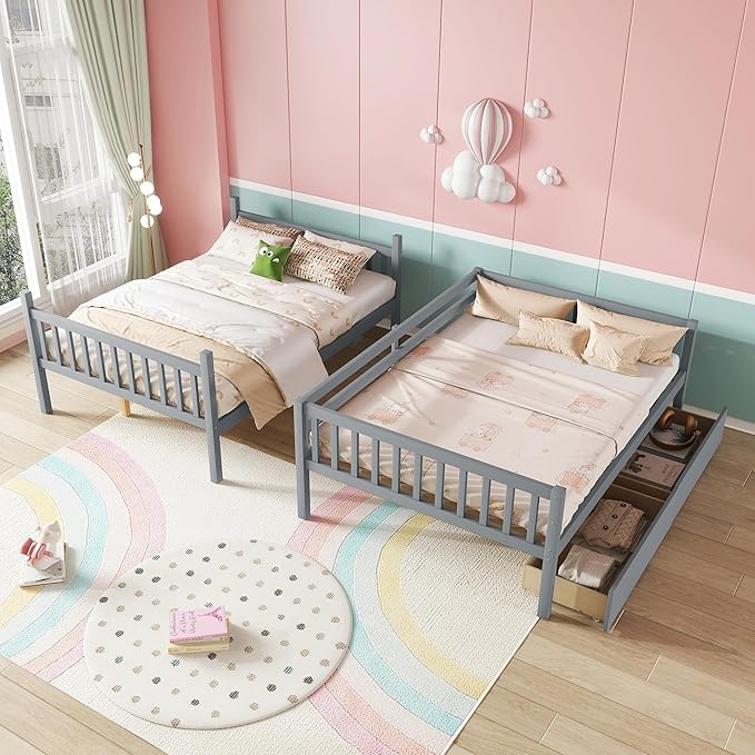 Full Over Full Bunk Bed with Storage Drawers,Convertible Bunk Beds with Ladder & Safety Guardrails,Full Size Bunk Beds for Kids Girls Boys,Grey