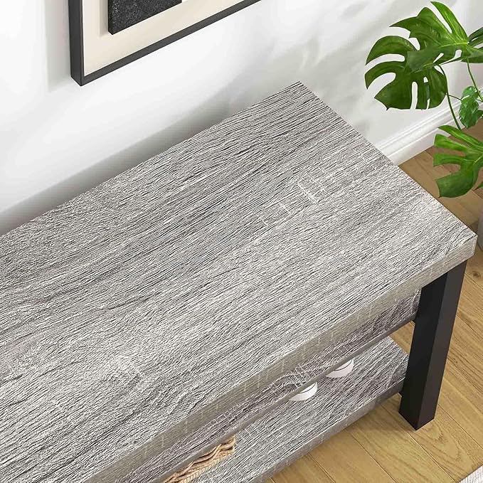 FOLUBAN Storage Bench, Vintage Wood Shoe Bench for Entryway Hallway, Industrial Indoor Shoe Rack Seat for Bedroom, Living Room, Light Grey, 43.3 Inch