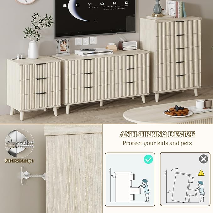 Lulive Wood Dresser for Bedroom with 6 Drawers, 53.2" Long Fluted Modern Chest of Drawers Storage Organizer, Dressers TV Stand for Living Room, Closet, Hallway (White Oak)