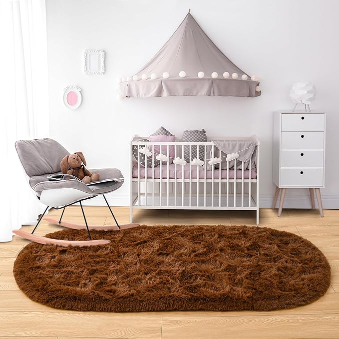 Noahas Fluffy Brown Rugs for Bedroom Living Room,2.6'X5.3' Oval Throw Rug for Kids Room,Shag Hallway Runner Rug,Small Soft Shaggy Bedside Non-Slip Plush Nursery Dorm Carpet Home Decor Aesthetic