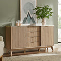 T4TREAM 60" Fluted Dresser with Sliding Doors and 4 Drawers, Modern Chest w/Faux Marble Top, Curved Profile Design, Dresser TV Stand, Wood Drawer Organizer for Bedroom, Living Room, Natural Oak