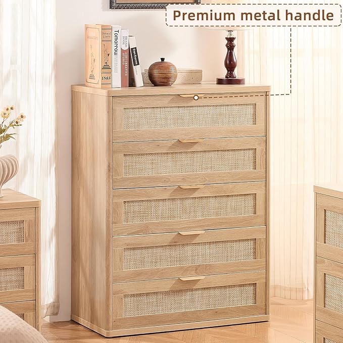 LEYAOYAO Rattan Dresser for Bedroom, 41" Tall Chest of Drawers, Modern 5 Drawers Boho Dressers with Storage, Light Oak Dresser Wooden Closet Organizer for Living Room, Hallway, Natural Wood
