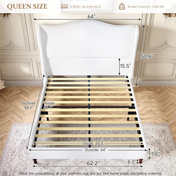 koorlian Queen Size Bed Frame with 51" Tall Headboard, Fully Upholstered Platform Bed Frame with with Soft Fabric, Sleigh Wingback, Solid Wood Retro Legs, Modern Minimalist Style, Easy Assembly, White