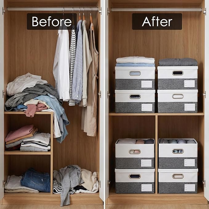 PRANDOM Storage Boxes with Lids [3-Pack] Linen Fabric Foldable Storage Bins Organizer Containers Baskets Cube with Cover for Closet Office Nursery Grey&White（11.4X8.6X6.7
