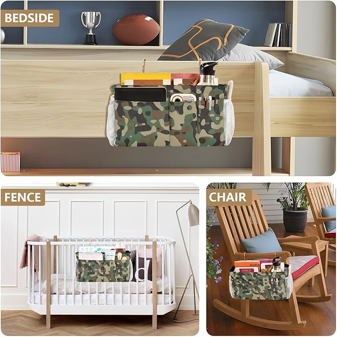 Bedside Caddy Hanging Bunk Bed Caddy Bed Organizer Hanging Pocket with 2 Hooks Bedside Storage Organizer Pocket Bag Holder Camouflage Green