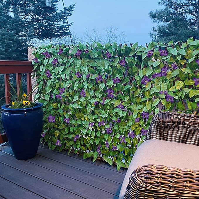 Sumery Expandable Fence Privacy Screen for Balcony Patio Outdoor,Decorative Faux Ivy Fencing Panel,Artificial Hedges (Single Sided Leaves) (4, Green Flowers)