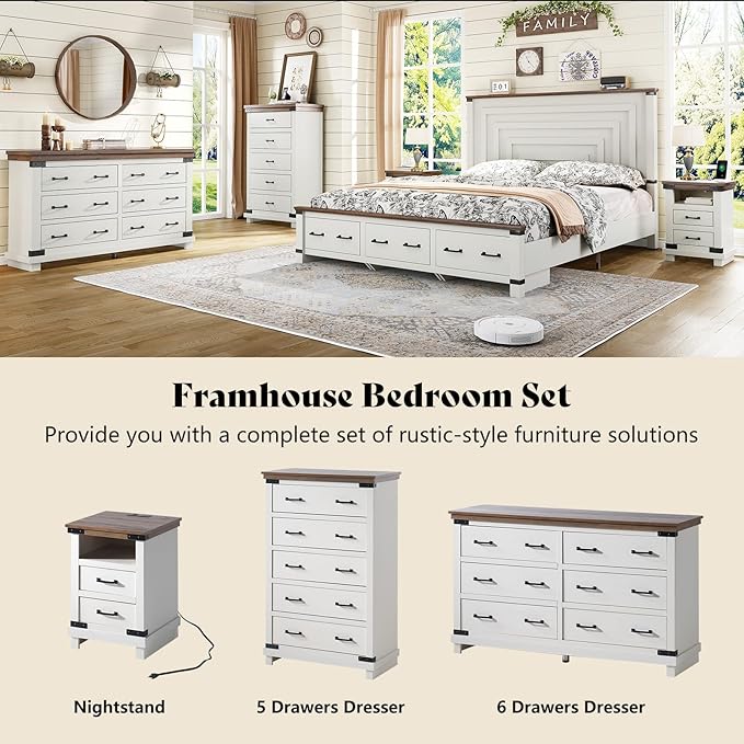 AMERLIFE Farmhouse End Table Set of 2, 18" Wood Night Stand with Charging Station & 4 Storage Drawers, Heavy Duty Bedside Nightstands for Bedroom, Living Room, Antique White