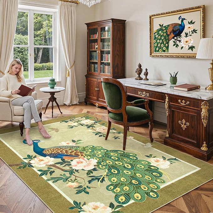 Lahome Peacock Washable Rugs 5x7, Soft 5x7 Rugs for Living Room Bedroom, Floral Vintage Non-Slip Low Pile Stain Resistance Carpet for Farmhouse Dining Room Office, Beige