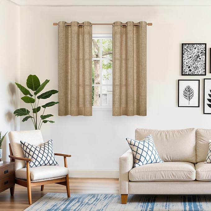 YoungsTex Burlap Linen Curtains 48 Inch Length for Short Window, Toffee Semi Sheer Drapes with Bronze Grommet Light Filtering for Kitchen Cafe Bathroom Bedroom, 2 Panels, 42 X 48 Inch