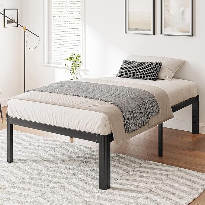 Hunlostten 14in Twin XL Heavy Duty Bed Frame No Box Spring Needed, Tall Metal Twin XL Platform Bed Frame with Round Corners, Easy Assembly, Noise Free, Black