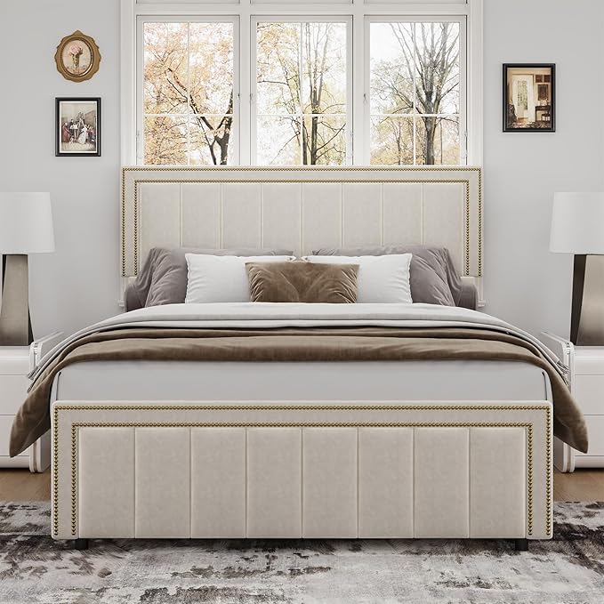 BarnFurin Queen Bed Frame with 50" Tall Headboard and Footboard, Chenille Upholstered Platform Bed, Vertical Channel Tufting with Nailhead Trim, No Box Spring Needed, Easy Assembly, Beige