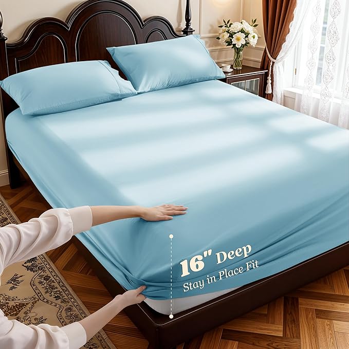 LBRO2M 1000 Thread Count 100% Egyptian Cotton Sheets Set Queen Size, 4 Piece Sets Bed Sheet Deep Pocket Sheet Set 16" Soft Comfortable All Season (Queen, Light Blue)