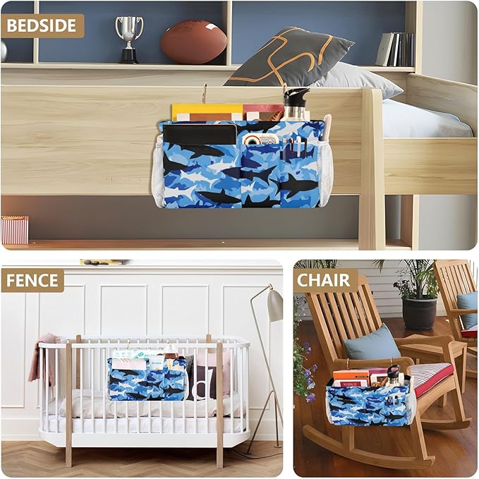 Bedside Caddy Hanging Bunk Bed Caddy Bed Organizer Hanging Pocket with 2 Hooks Bedside Storage Organizer Pocket Bag Holder Marine Bright Sky Blue Shark
