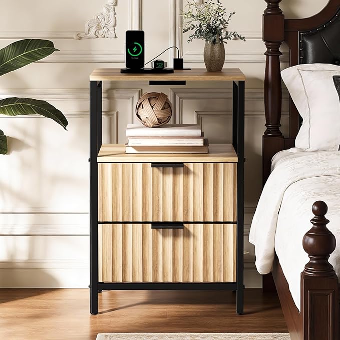 VINGLI Night Stand with Charging Station, Fluted Nightstand Oak with Drawers Fabric, Bed Side Table/End Table for Bedroom, 14.96" W*11.81" D*23.78" H