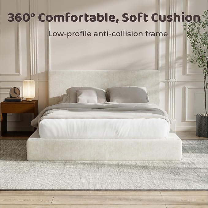 RECCI Cloud Upholstered California King Bed Frame with Headboard, 5 Inch Foam Padded Platform, No Box Spring, Easy Assembly (Cream)