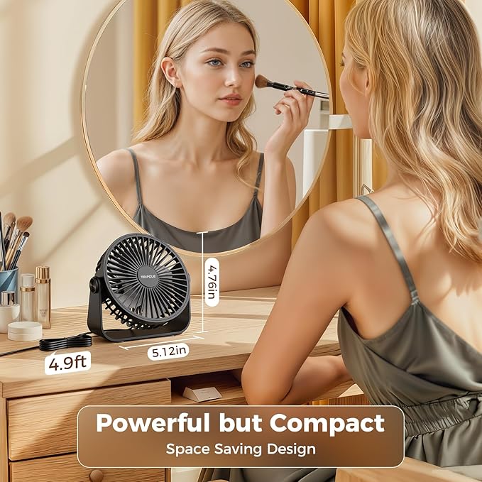 TriPole USB Desk Fan Portable Mini Fan Powerful 3 Speeds Wind Personal Desktop Fan with 360° Head Rotation for Home Office Car Indoor Outdoor Black, No Battery, 4.5 Inches