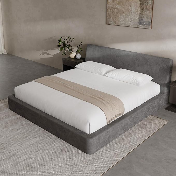 RECCI Cloud King Size Bed Frame with Ergonomic Angled Foam Cushioned Headboard, Minimalist Design Platform Bed Frame, No Box Spring Needed, Easy Assembly (Moon Grey)