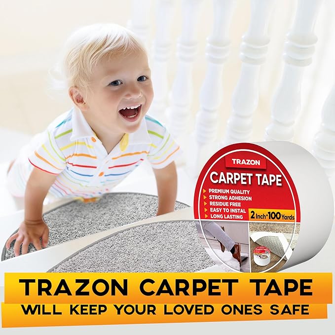 Carpet Tape Double Sided - Rug Tape Grippers for Hardwood Floors and Area Rugs - Carpet Binding Tape Strong Adhesive and Removable, Heavy Duty Stickers Grip Tape, Residue Free (2 Inch / 100 Yards)