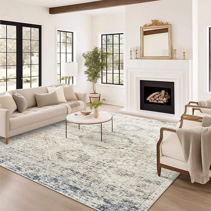 Washable Area Rug 8x10, Large Soft Rugs for Living Room Vintage 8x10 Area Rugs for Bedroom Dining Room Non-Slip Stain Resistant Under Table Blue Ivory Rug