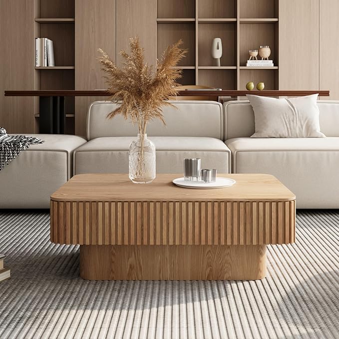 LKTART Lift Top Coffee Table for Living Room, Accent Fluted Coffee Table with Storage, Modern Solid Wood Veneered Rectangle Center Tea Table for Small Space Apartment (38.6''D×14''H-Natural)