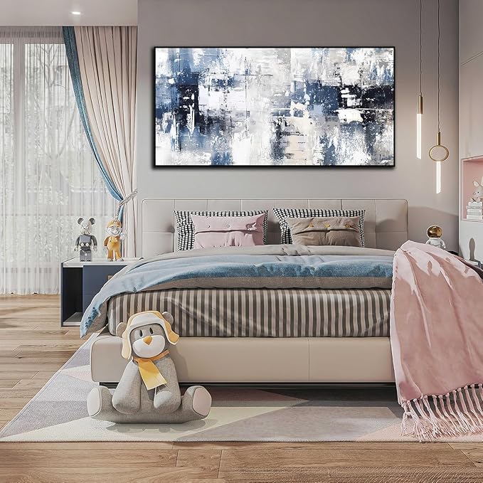White and Blue Abstract Canvas Wall Art for Living Room Bedroom Home Office Large Black Framed Artwork Grey Abstract Canvas Prints Ready to Hang Size 29x59