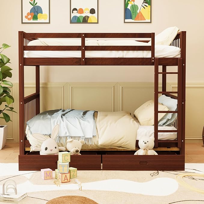 Merax Wood Bunk Bed with Drawers, Full Over Full Convertible Bunk Bed with Ladders and Two Storage Drawers,Solid Wood Detachable Bed Frame with Ladders, Espresso