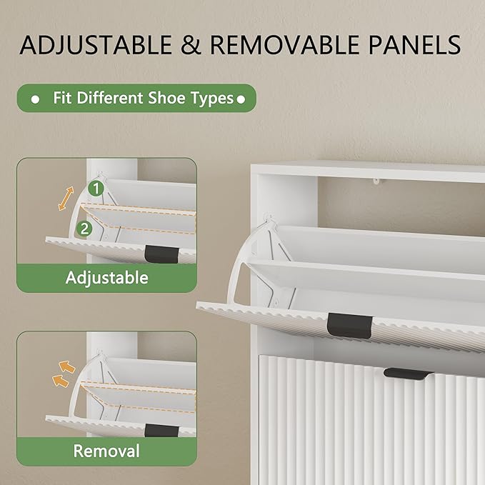 Shoe Cabinet with 3 Flip Drawers, 54" Tall Narrow Fluted Shoe Storage Organizer for Entryway, Hidden Slim Wooden Shoe Rack Cabinet for Front Door Entrance, Hallway, Living Room, Solid White