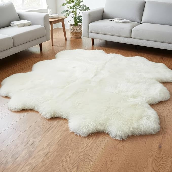 Premium Genuine Super-Soft Sheepskin Rug Large Six Pelt Natural Non-Dyed Fur, 5ft. x 6ft.