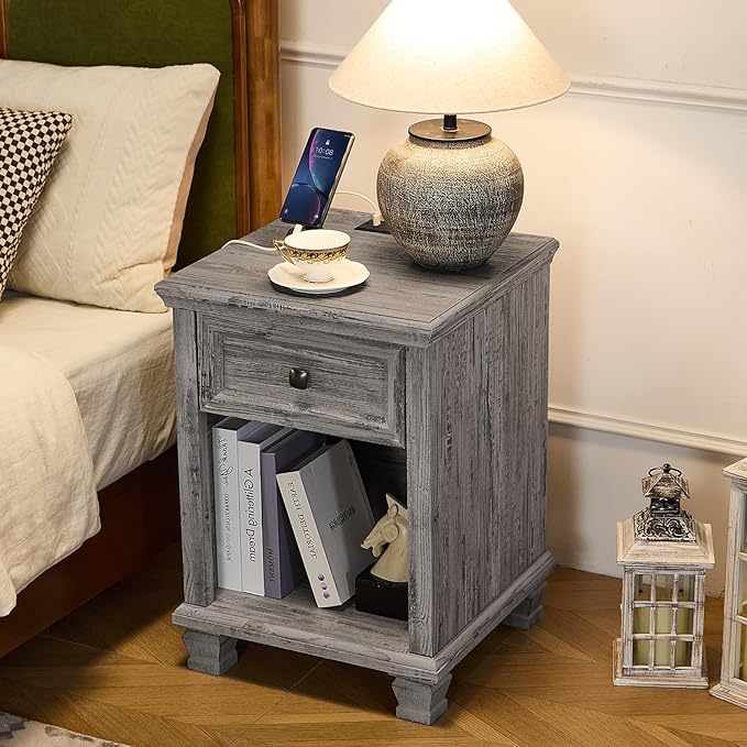 SAVOR LIFE Farmhouse End Tables Living Room Set of 2, Rustic Wood Nightstand with 1 Drawer, Bedside Table with Open Shelf for Bed Room, Side Table for Living Room, Grey