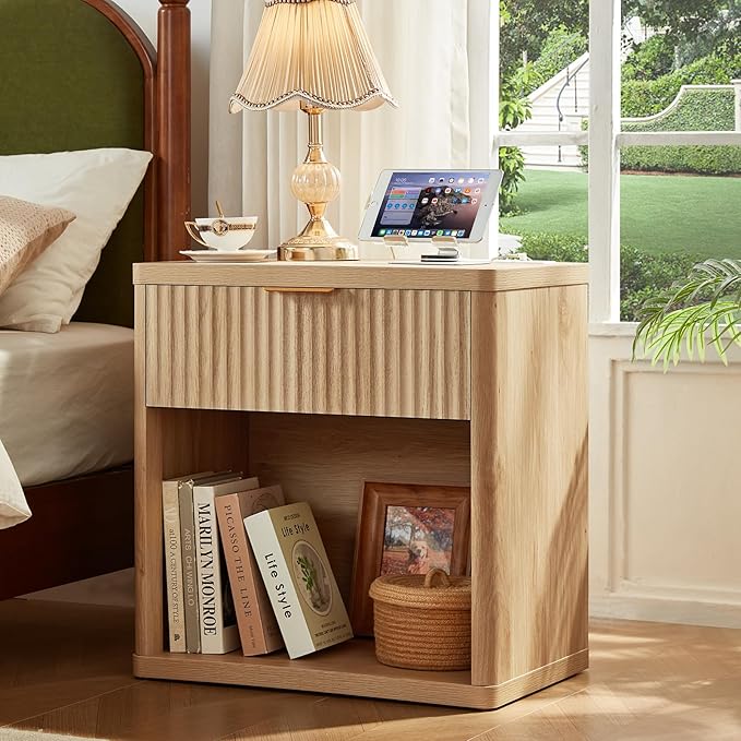 LEYAOYAO 48" Wide Fluted Dresser and 1 Drawers 23" Nightstand Set of 2, Wooden Dresser & Night Stand with Charging Station, 3 Piece Bedroom Furniture Set, Chest of Drawer for Living Room,Natural Wood