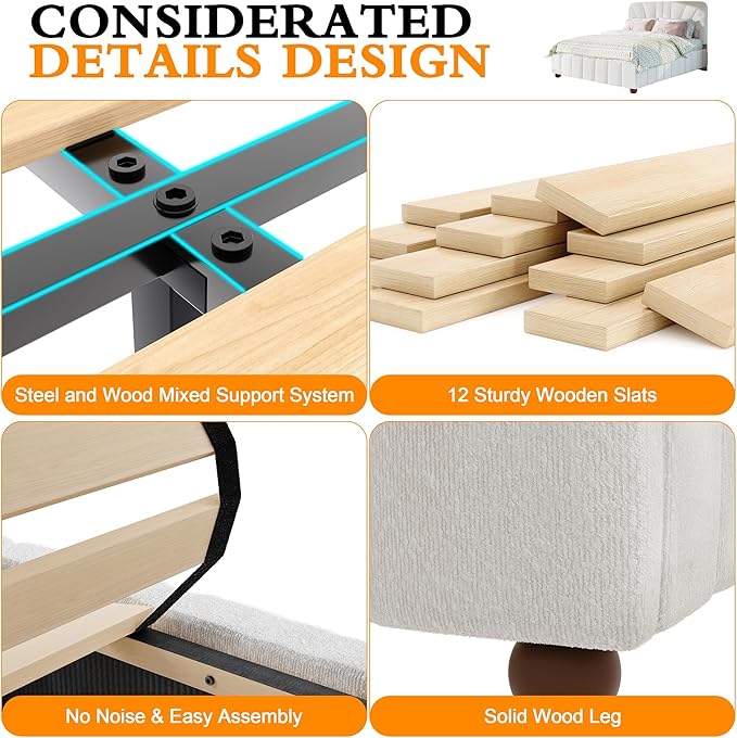 Queen Size Boucle Bed Frame Upholstered Bed Frame Queen with Adjustable Headboard, Solid Wood Slats Support, Bed for Bedroom Apartment, Dorm, No Box Spring Needed, Easy Assembly, Noise-Free, Cream