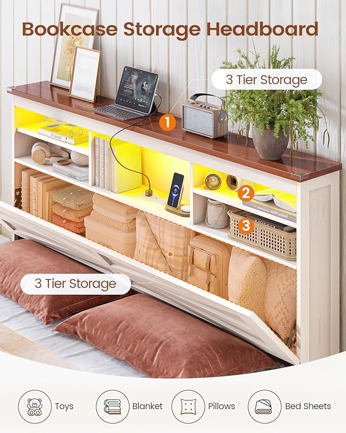 AOGLLATI Farmhouse Full Size Bed Frame with Lift Up Storage & Hidden Bookcase Storage Headbord, Wood Bed Frame Full with Charging Station, Led Lights, No Box Spring Needed, Antique White