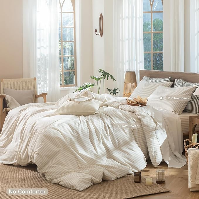 MooMee Striped Duvet Cover Set 100% Washed Cotton Linen Like Textured Breathable Durable Soft Comfy (Almond Milk Grey Classic Stripes, Oversized King Plus 128"x120")