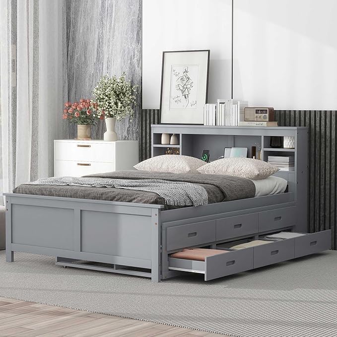 Platform Bed with Storage Headboard, USB, Twin Size Trundle and 3 Drawers, Full Size, Gray