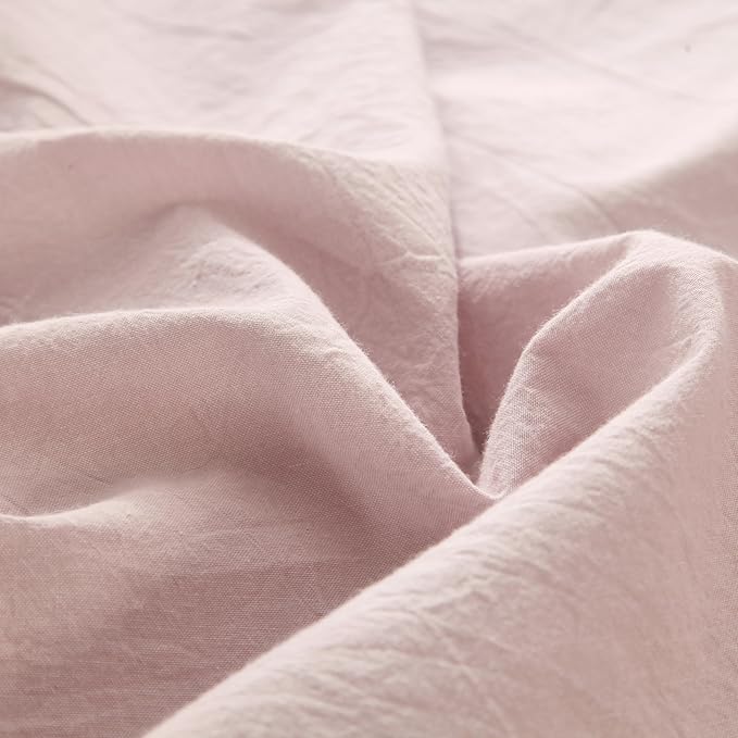 MooMee Fitted Bottom Sheet Only 100% Washed Cotton Linen Like Textured Breathable Durable Soft Comfy Deep Pocket Fits Mattress up to 17" (Greyish Pink, Queen)