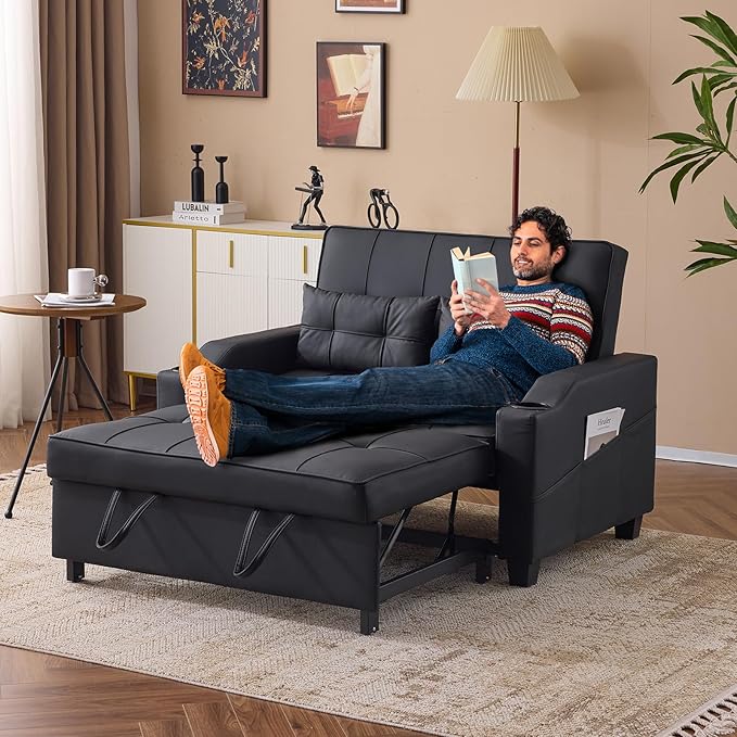VINGLI Black Futon Sofa Bed Convertible Loveseat Sleeper Couch, Faux Leather Pullout Sofa Fold Out Couch Bed with USB Ports, Cup Holders, Armrest for Living Room, Bedroom Apartment Room
