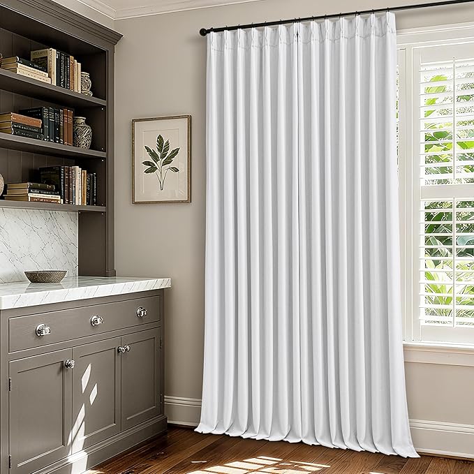 White Pinch Pleated Blackout Linen Curtains 120 Inches Long for Living Room Bedroom 2 Panels Room Darkening Thermal Insulated Neutral Pure White Farmhouse 100% Black Out Window Curtain Drape 120 Inch