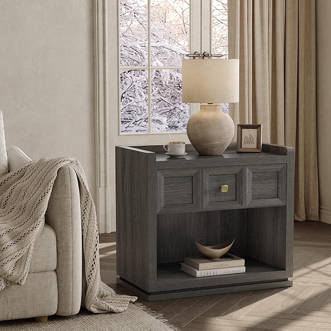 SICOTAS Night Stand Set 2, 26" Wide Nightstands with Drawer, Large Queen Size Nightstands Set of 2, Modern Bedside Table for Bedroom, Side End Table (Dark Grey Oak, 26-Inch)