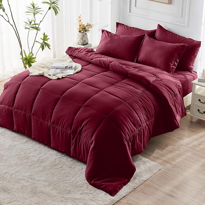 JOLLYVOGUE Full Comforter Set, Ultra-Soft Bed in a Bag Full Size 7 Pieces, Oeko-TEX Certified Bedding Set with Down Alternative Comforter, Sheets, Pillowcases & Shams, Burgundy