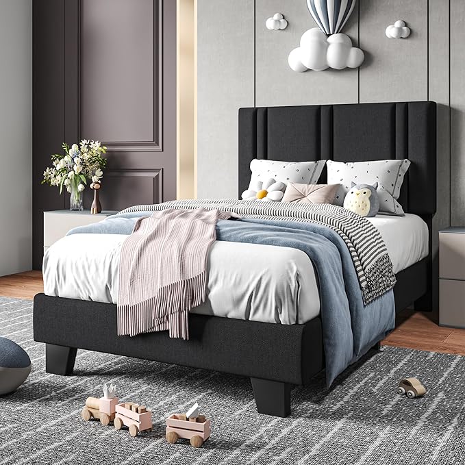Upholstered Twin Size Bed Frame with Linen Fabric Headboard, Strong Wooden Slats Support, Noise Free, No Box Spring Needed, Black