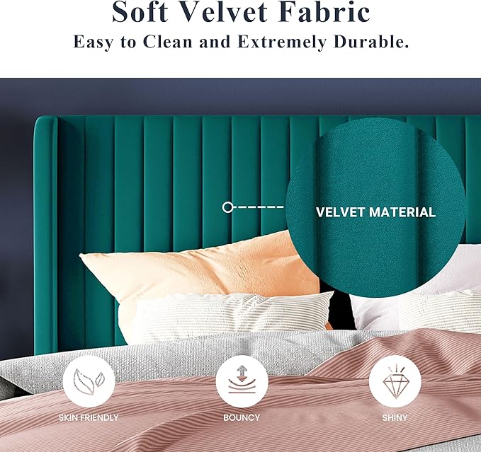 Allewie Queen Size Bed Frame/Velvet Upholstered Platform Bed/Vertical Channel Tufted Wingback Headboard/Strong Wooden Slats/No Box Spring Needed/Easy Assembly/Teal