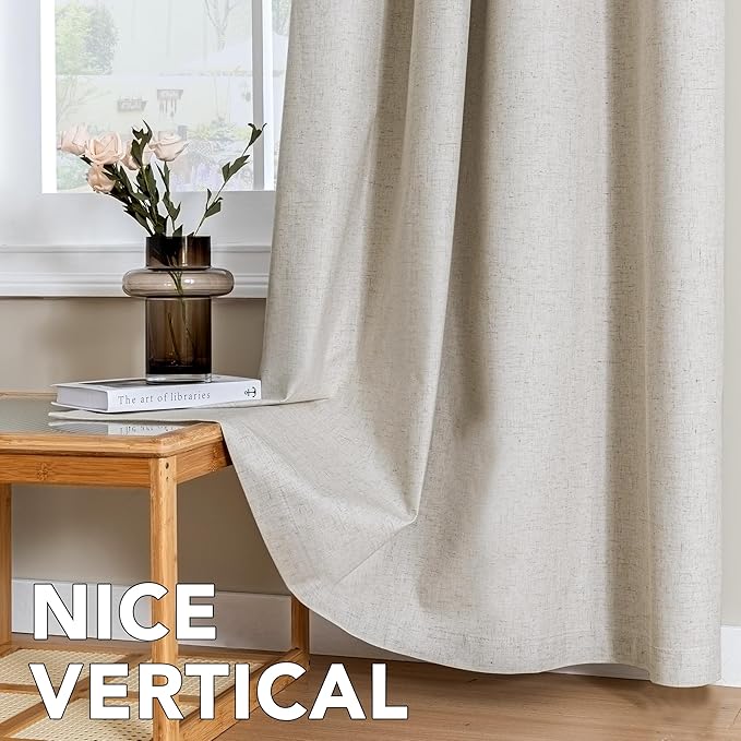 H.VERSAILTEX Linen Curtains 100% Blackout Curtains for Bedroom 45 inch Long Full Light Blocking Nature Linen Blended Window Curtains for Living Room Nickel Grommet (2 Panels, Heathered Linen)